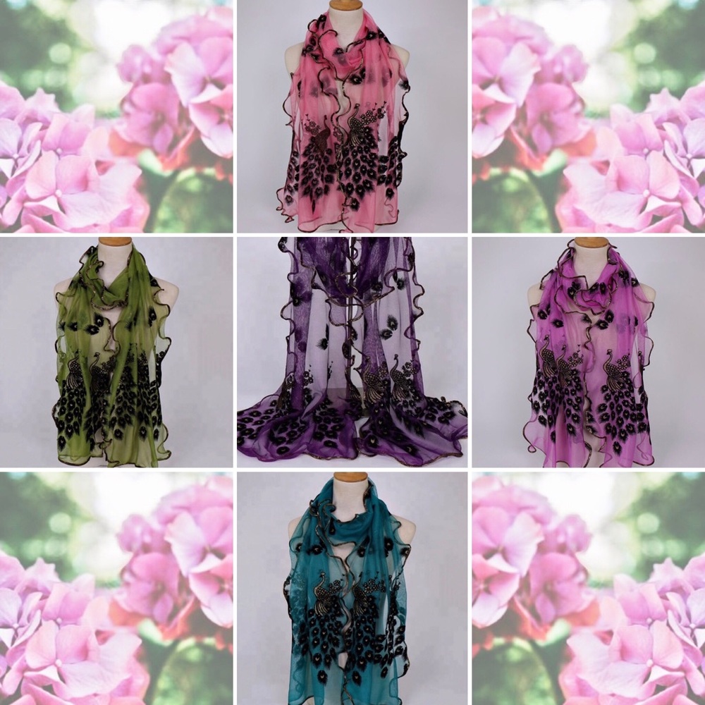 Parisian-style Gold-trim Peacock scarf